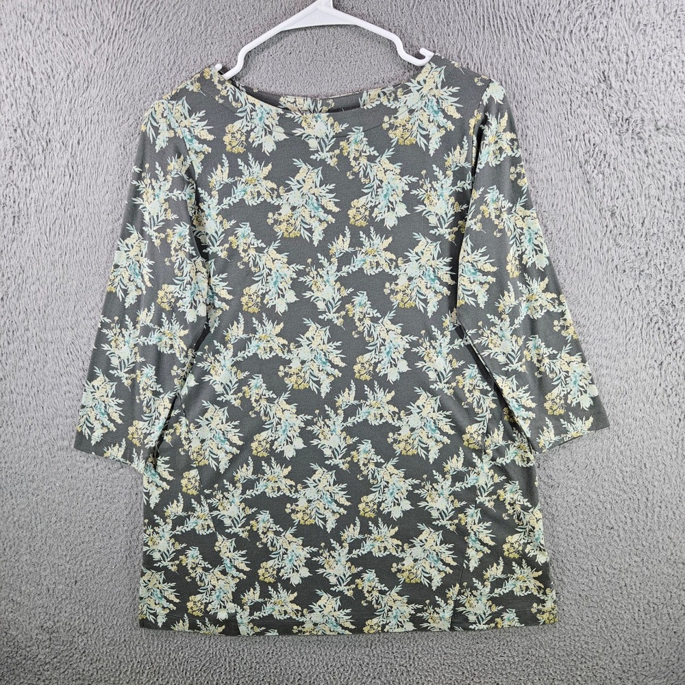 J. Jill Luxe Supima Floral 3/4‎ Sleeve Tunic Top Gray Blue Yellow XS
